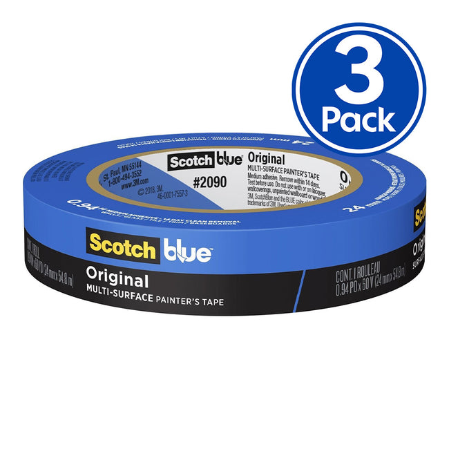 3M 2090 Scotch Blue Original Painters Masking Tape 24mm x 54.8m x 3 Pack