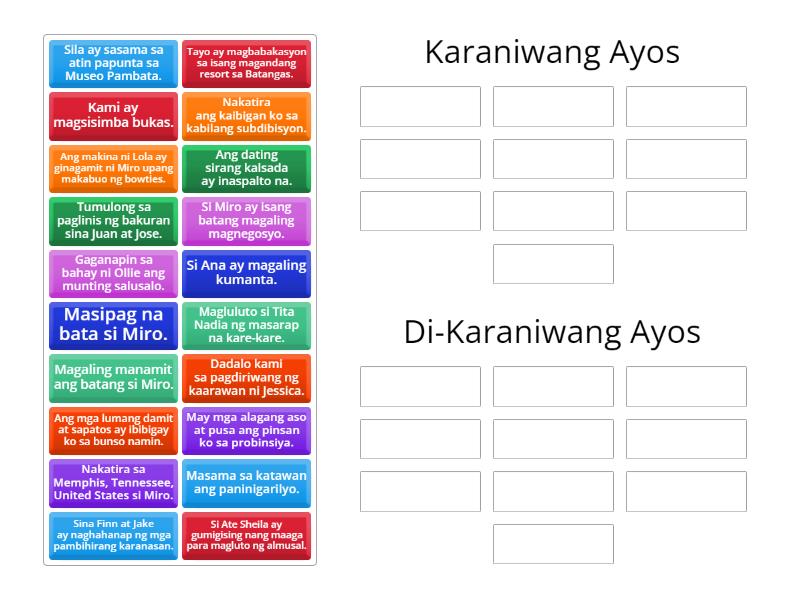 Ayos ng Pangungusap (Karaniwan at Di-Karaniwang Ayos) - Group sort