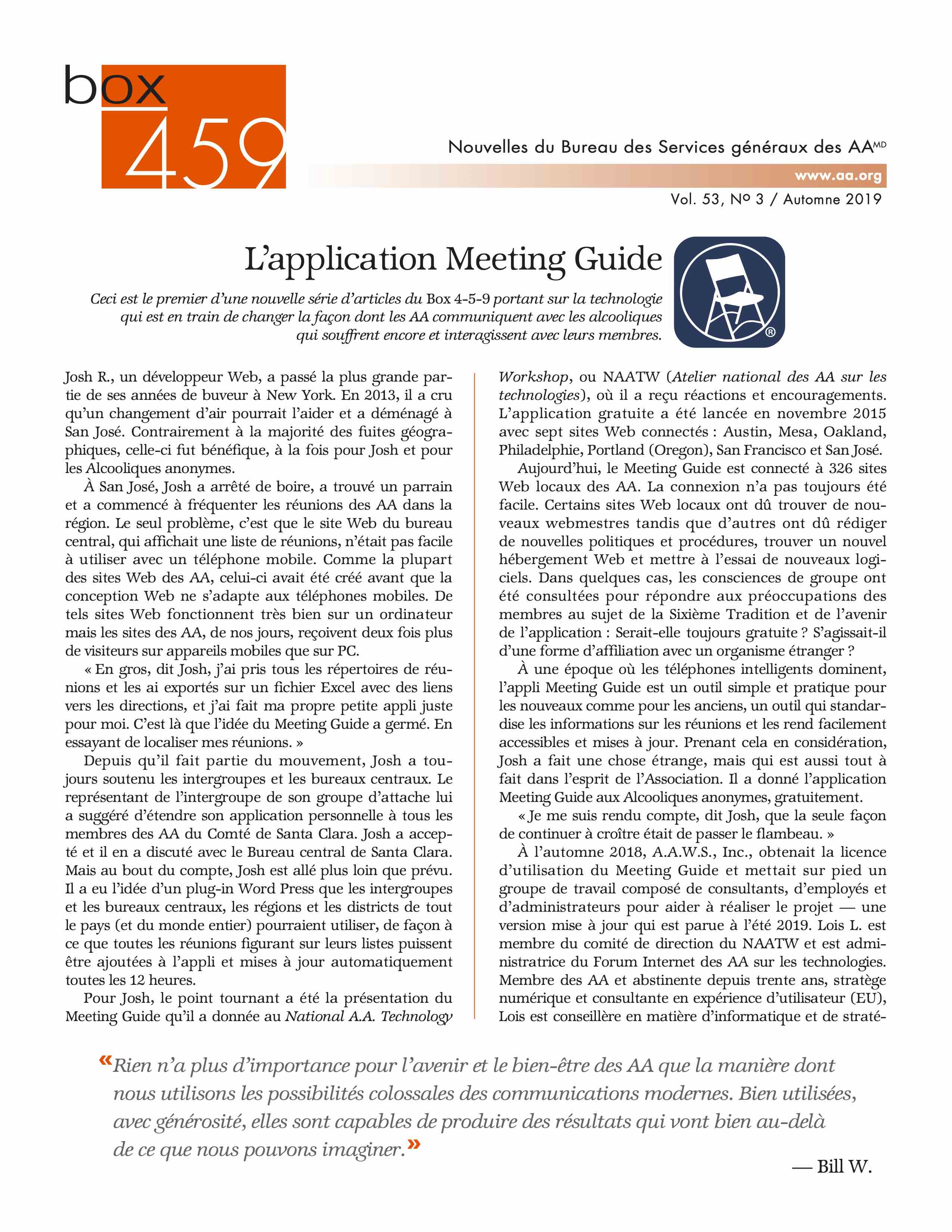 Page d'accueil du bulletin Box 459 de l'automne 2019 avec un article sur l'histoire de l'appli Meeting Guide.