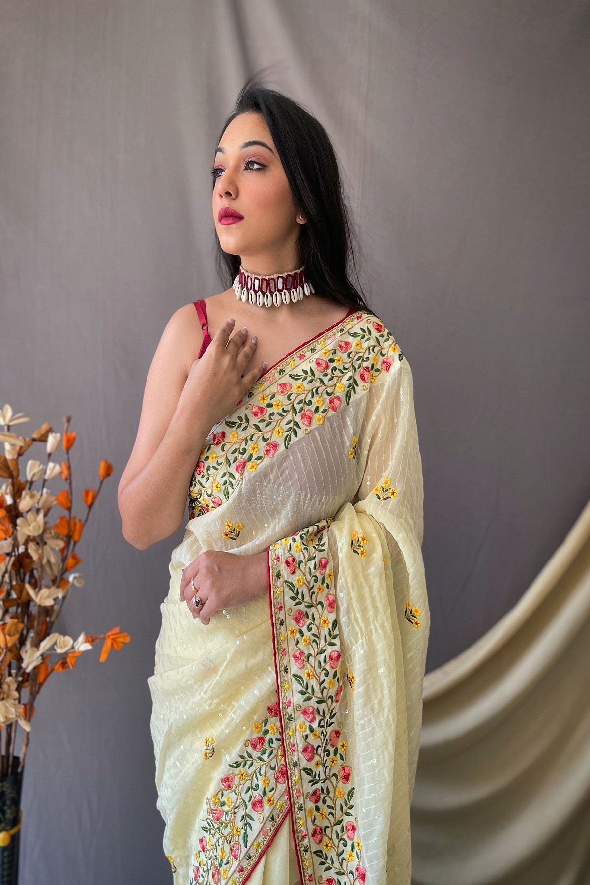 Pure Georgette Sequence and embroidery  worked saree - Yellow