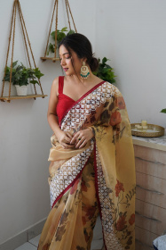 Premium Organza Digital Printed saree with Embroidery Work - Cream