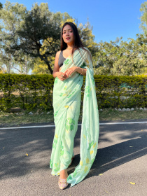 Pure Chiffon Digital printed Designer saree with Foil print Green