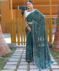 Pure Tussar Silk Embroidered designer Saree  - Dark Green