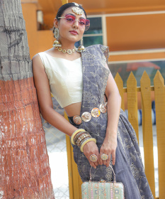 Pure Tussar Silk Embroidered designer Saree  - Grey 