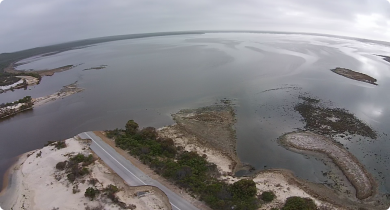 Drone footage taken by DAFWA Research Officer Nick Wrigh shows the road into Hopetoun was washed away by the flood waters in February 2017