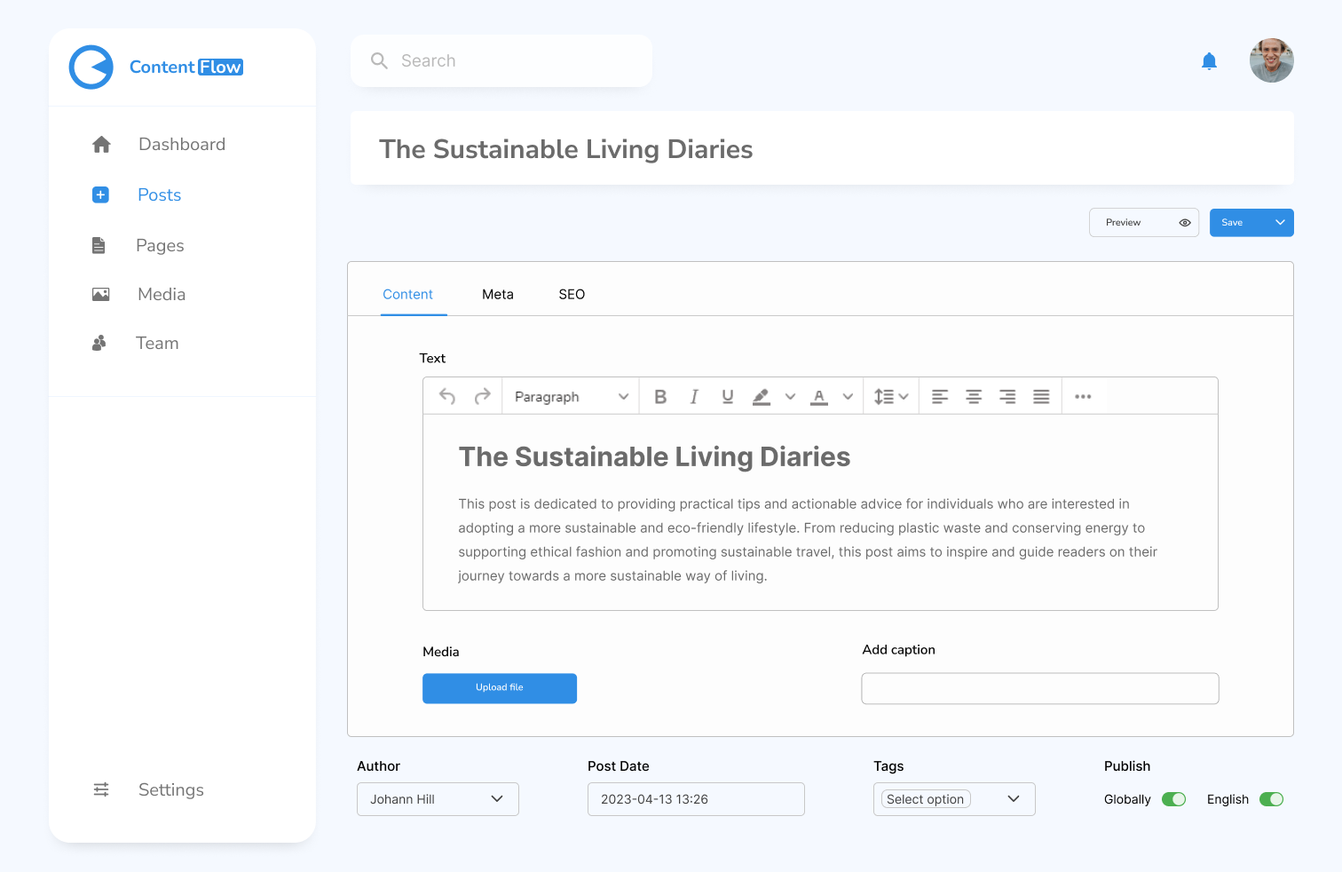 Content management system dashboard