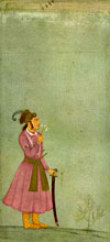 The Mughal Emperor Akbar depicted as a boy holding a sword and smelling a spray of flowers