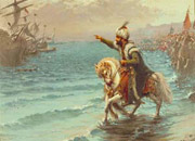 Sultan Mehmet II rides along the shoreline at the head of his cavalry, gesturing to some ships