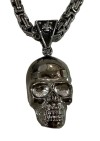 Large Stainless Steel Byzantine Necklace and Gunmetal Skull Pendant