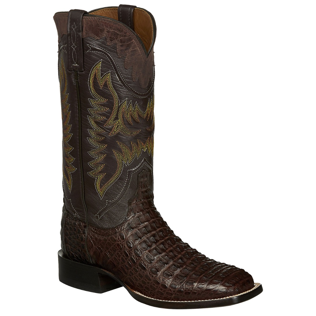 Lucchese Men’s Barrel Brown Crocodile Caiman Hornback Square Toe Cowboy Boots