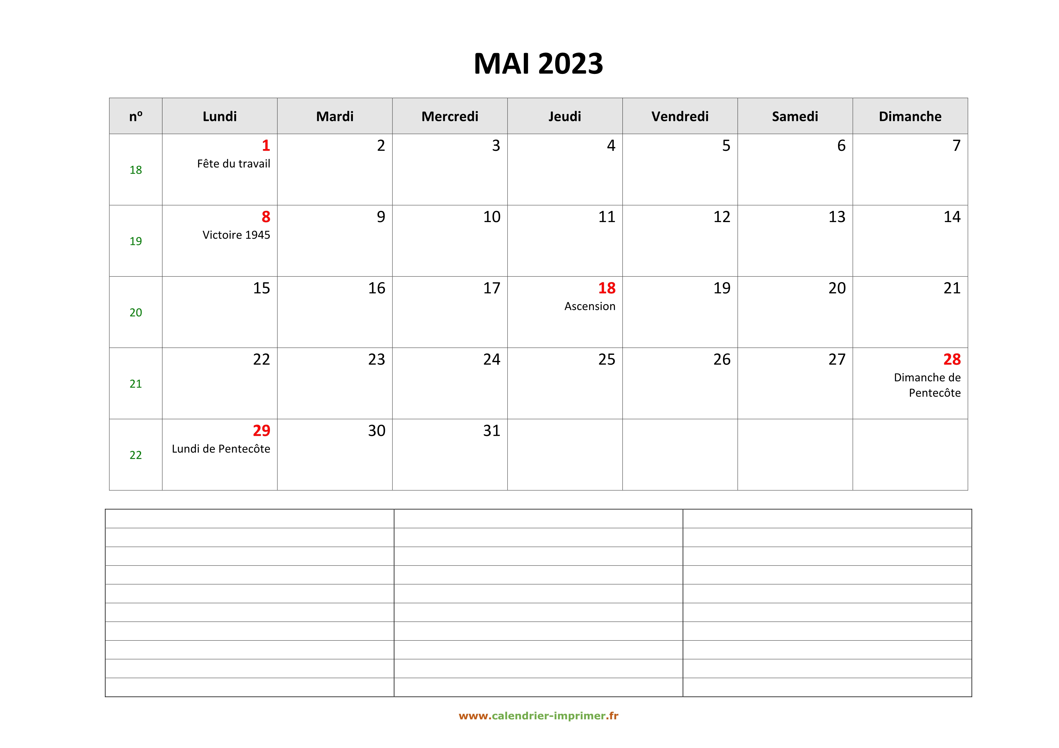 Calendrier Mai 2023 à imprimer