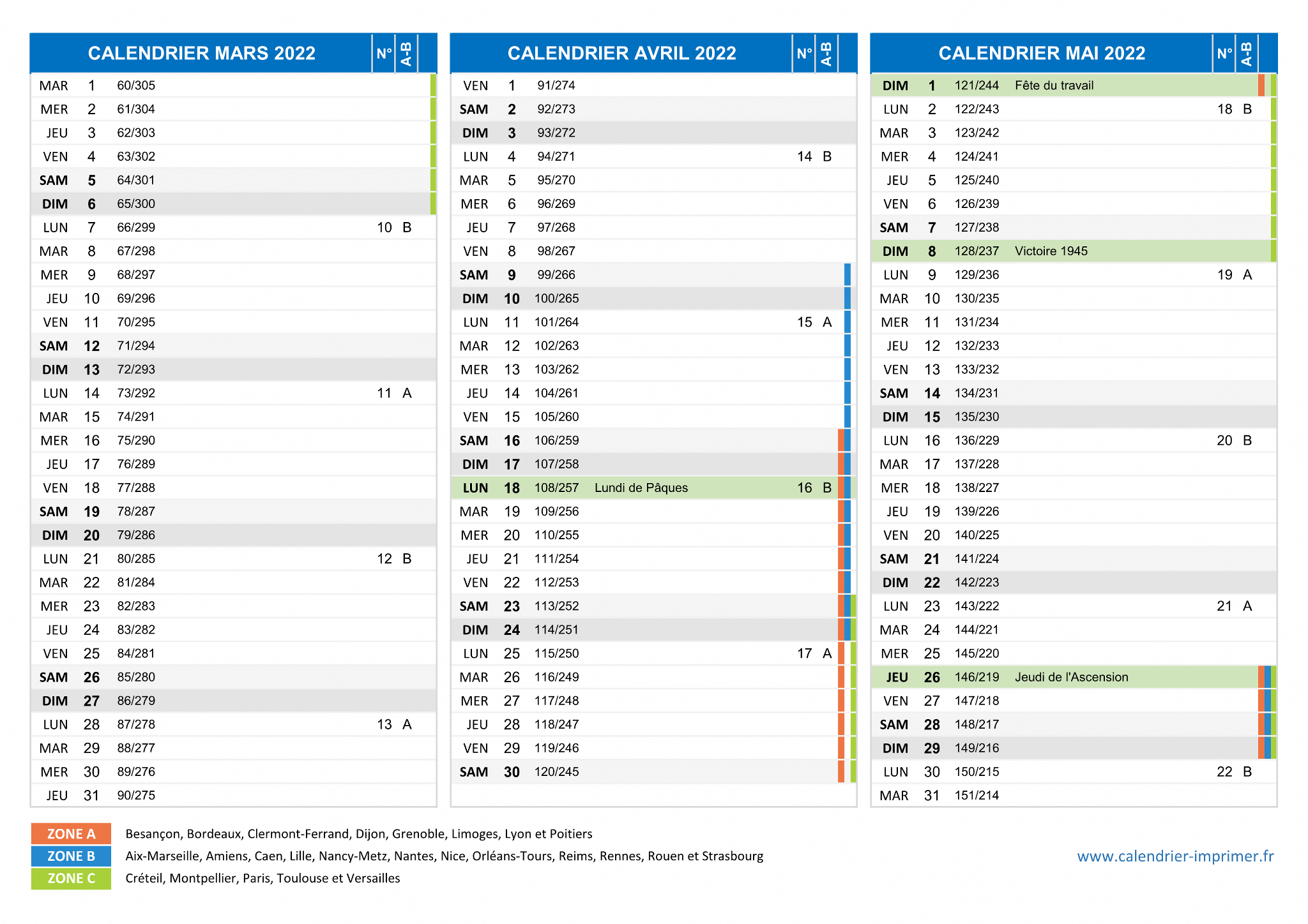 Calendrier Mars à Mai 2022