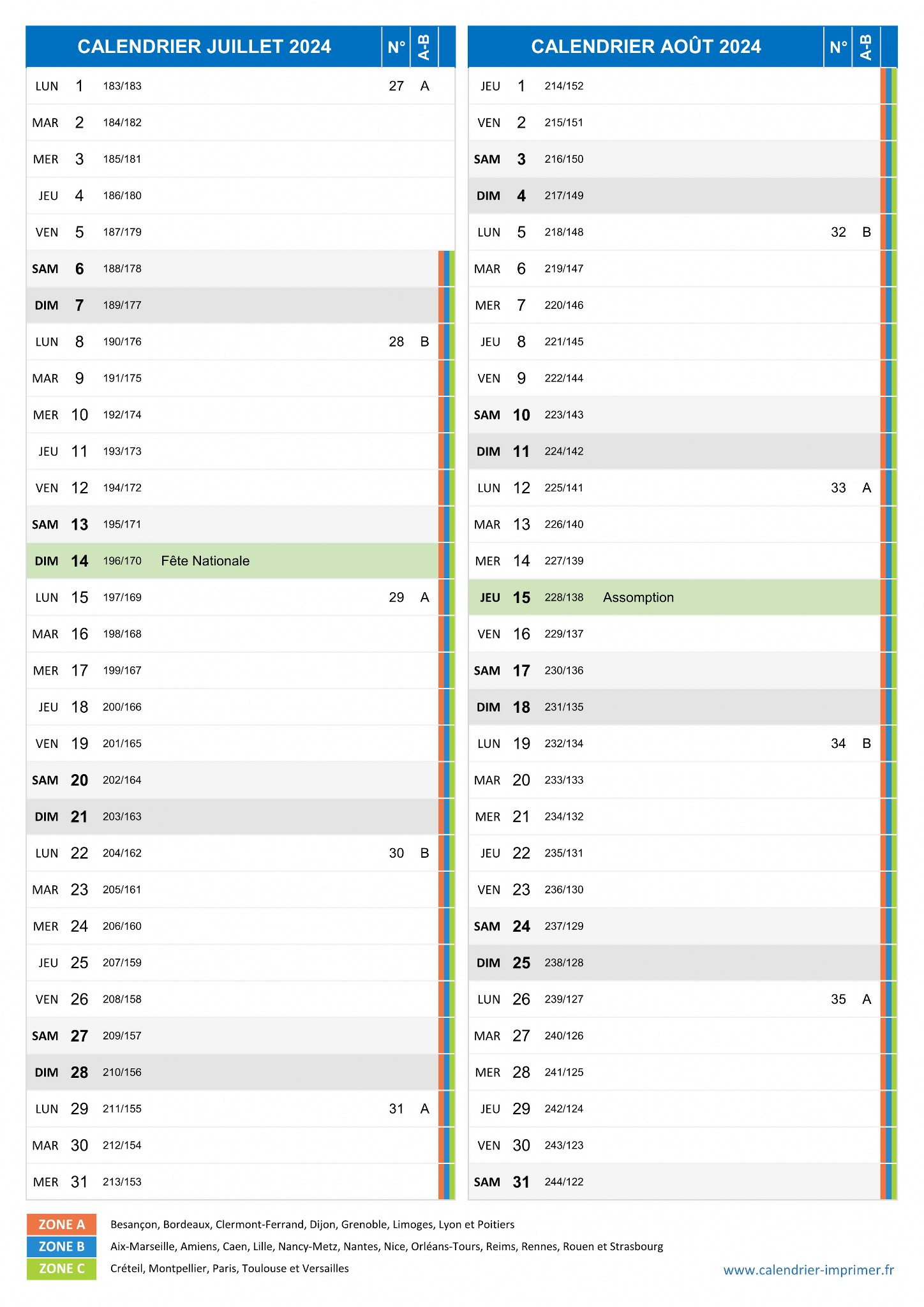 Calendrier Juillet et Août 2024 à imprimer