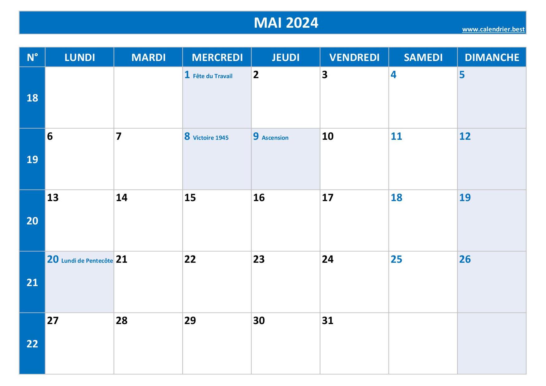 Calendrier Du Moi De Mai 2024 - Glori Kalindi