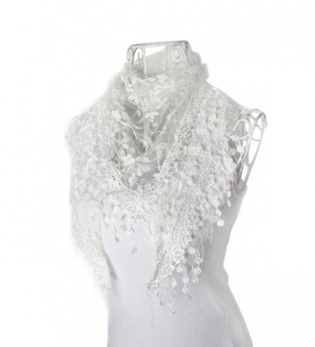 DaySeventh Fashion Lace Tassel Sheer Burntout Floral Print Triangle Mantilla Scarf Shawl (White) - C211GK3XYAF