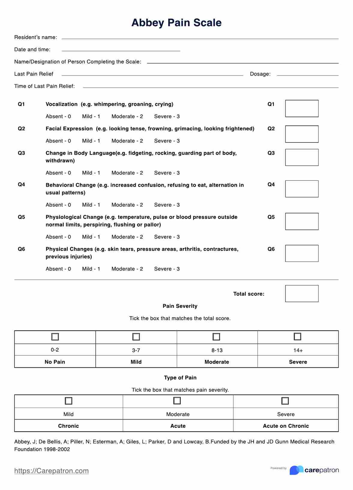 Abbey Pain Scale PDF Example