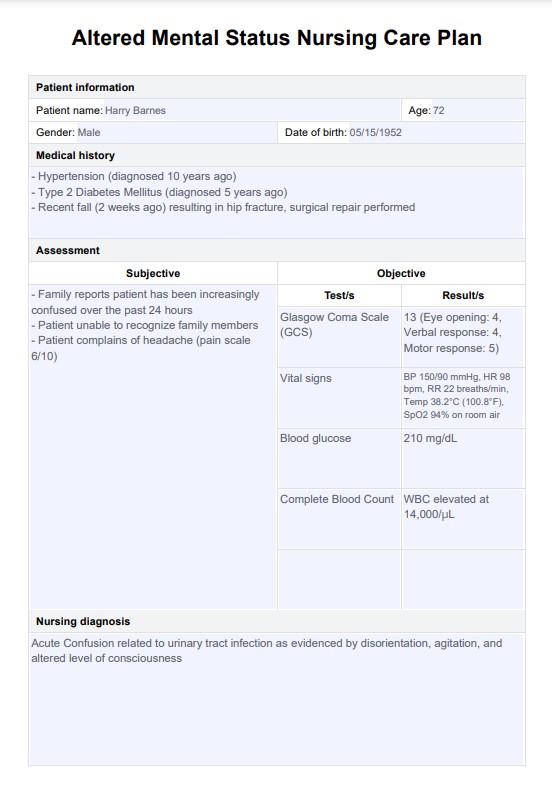 Verpleegkundig zorgplan met gewijzigde geestelijke status PDF Example