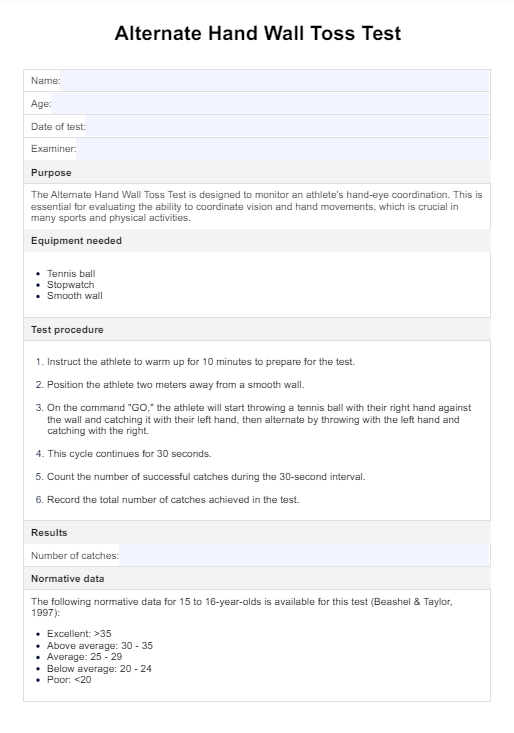 Alternate Hand Wall Toss Test PDF Example