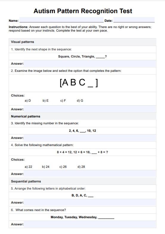 اختبار التعرف على نمط التوحد PDF Example