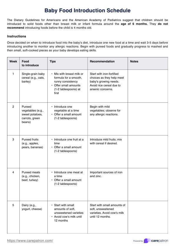 Baby Food Introduction Schedule PDF Example