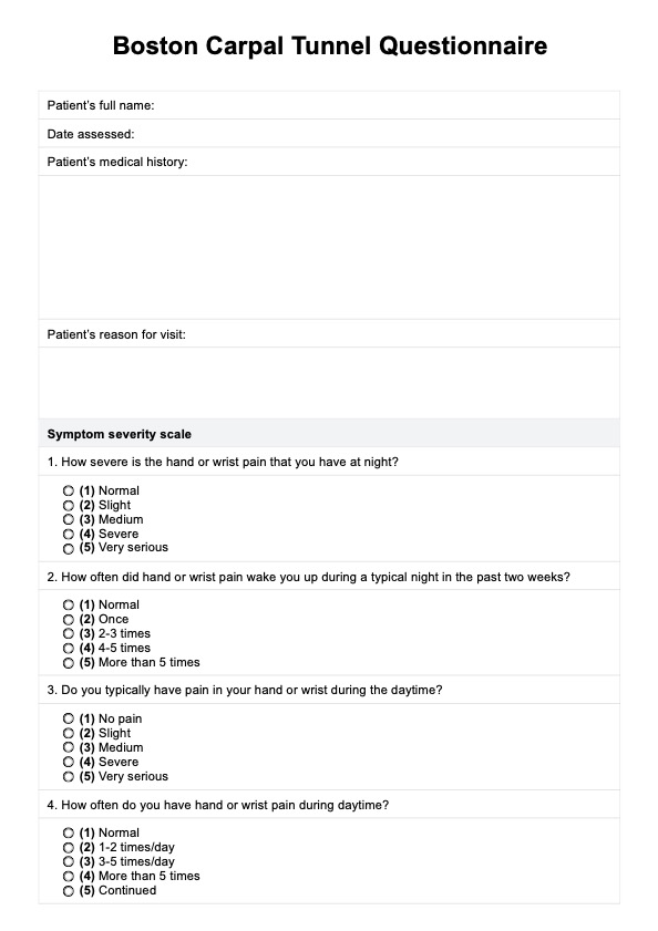 Boston Carpal Tunnel Questionnaire PDF Example