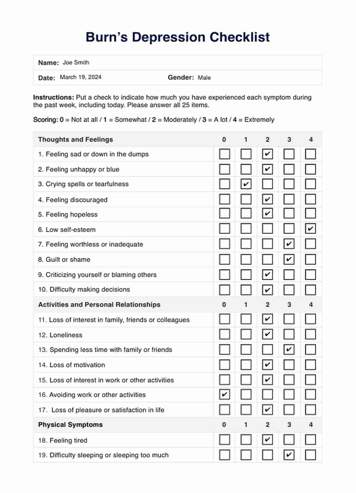 Burns Depression Checklist PDF Example