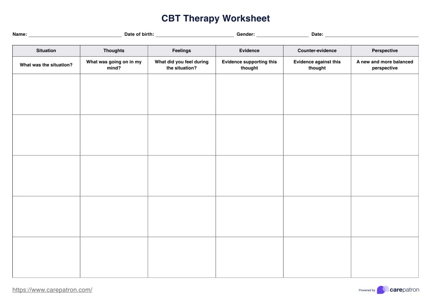 CBT Therapy Worksheet PDF Example