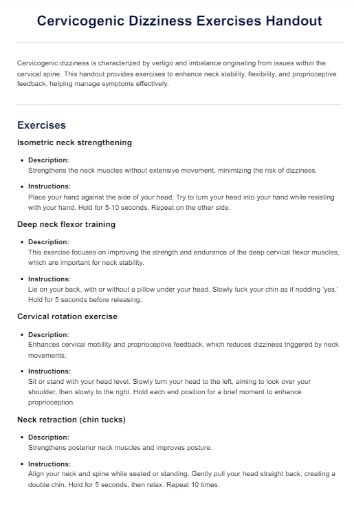 Cervicogenic Dizziness Exercises Handout PDF Example