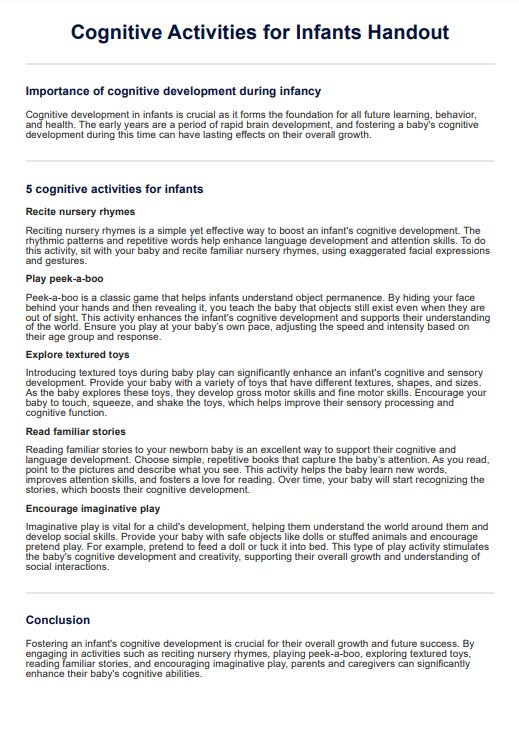 Cognitive Activities for Infants Handout PDF Example