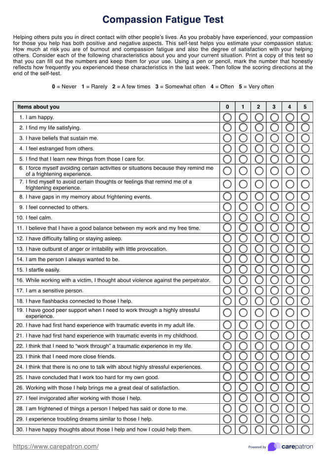 Compassion Fatigue Test PDF Example