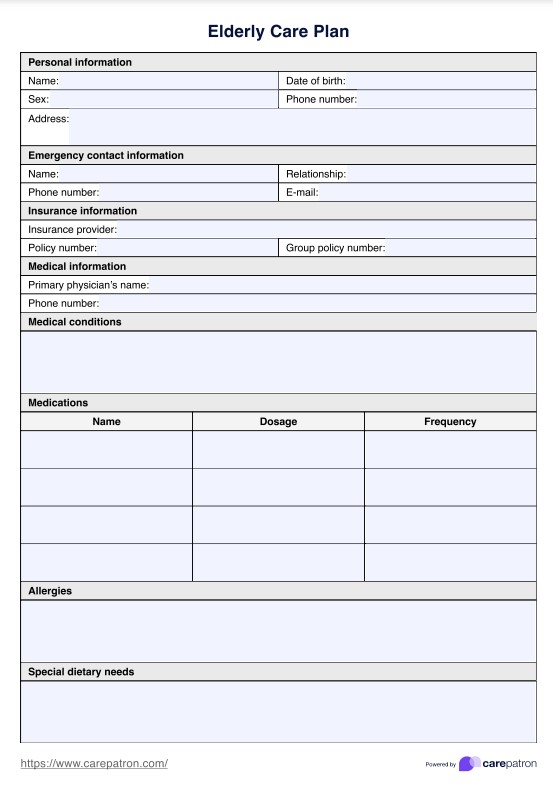 خطة رعاية المسنين PDF Example