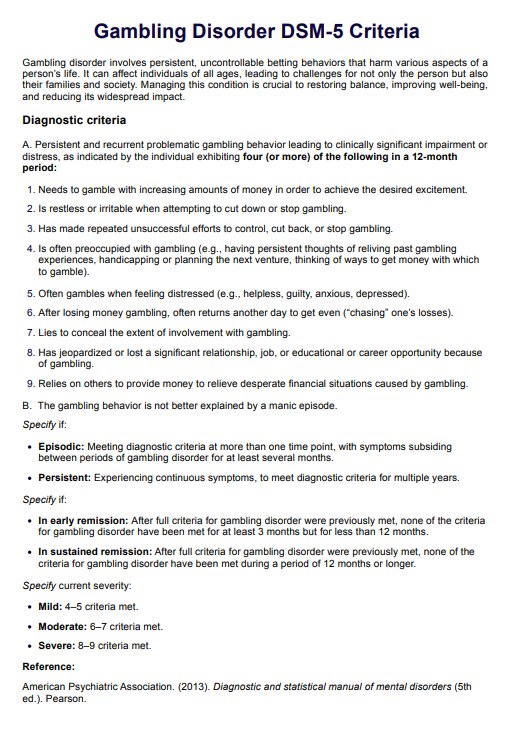 Gambling Disorder DSM-5 Criteria PDF Example