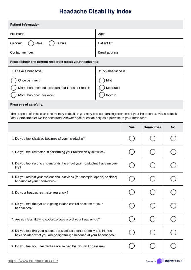 Headache Disability Index PDF Example