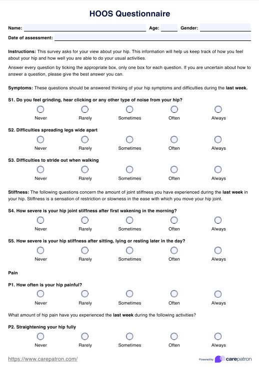 HOOS Questionnaire PDF Example