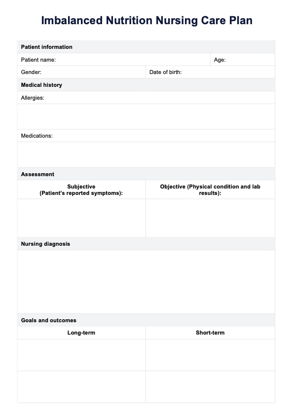 خطة الرعاية التمريضية ذات التغذية غير المتوازنة PDF Example