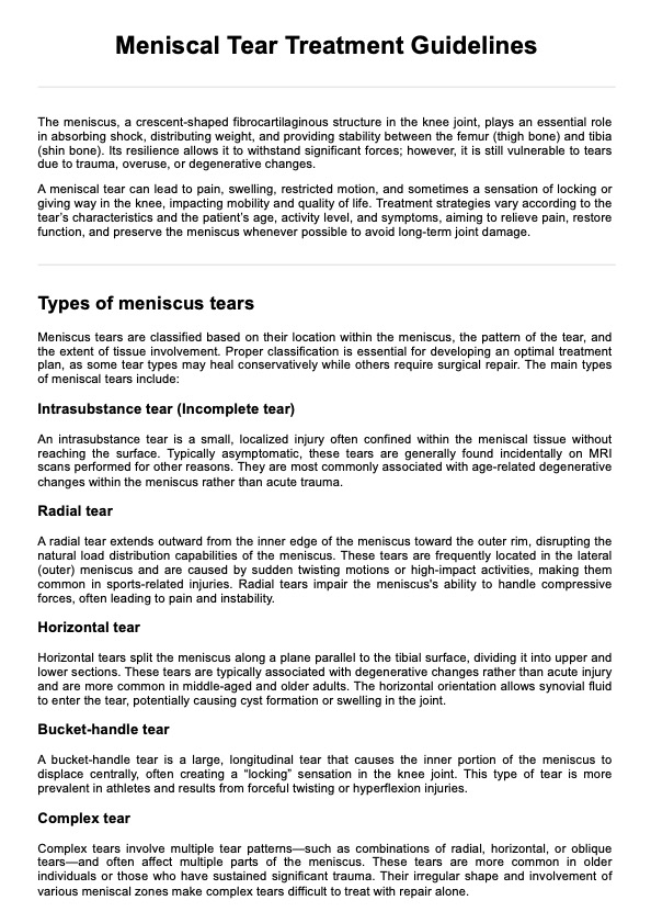 Meniscal Tear Treatment Guidelines Handout PDF Example