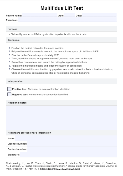 Multifidus Lift Test PDF Example