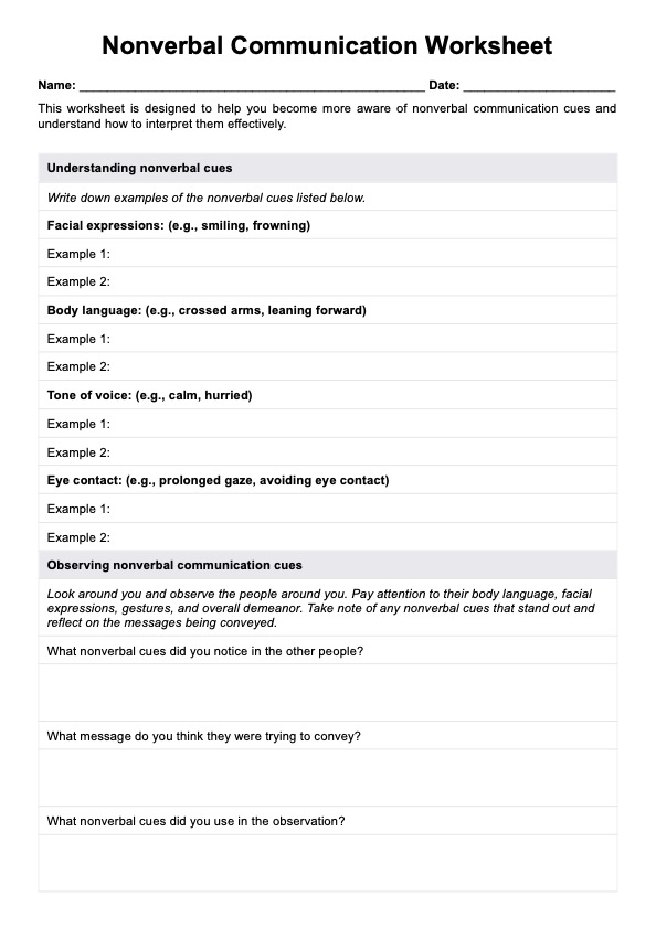 Nonverbal Communication Worksheet PDF Example