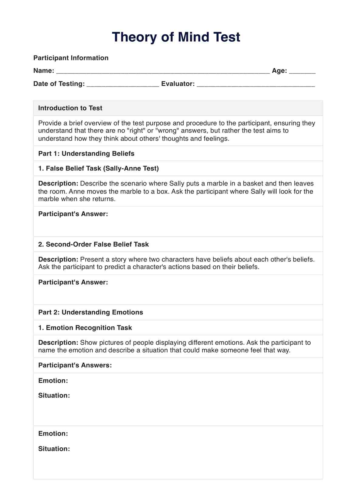 Theory of Mind Test PDF Example