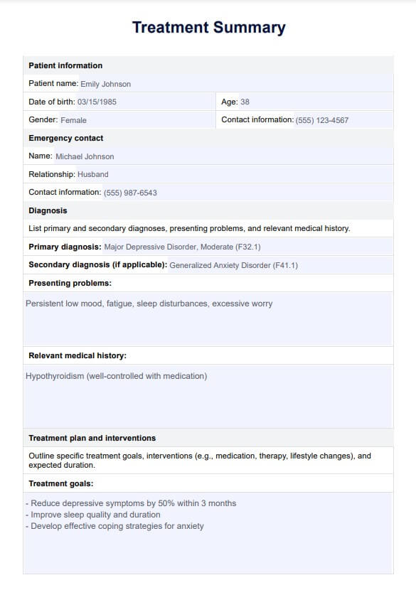 Szablon podsumowania leczenia PDF Example