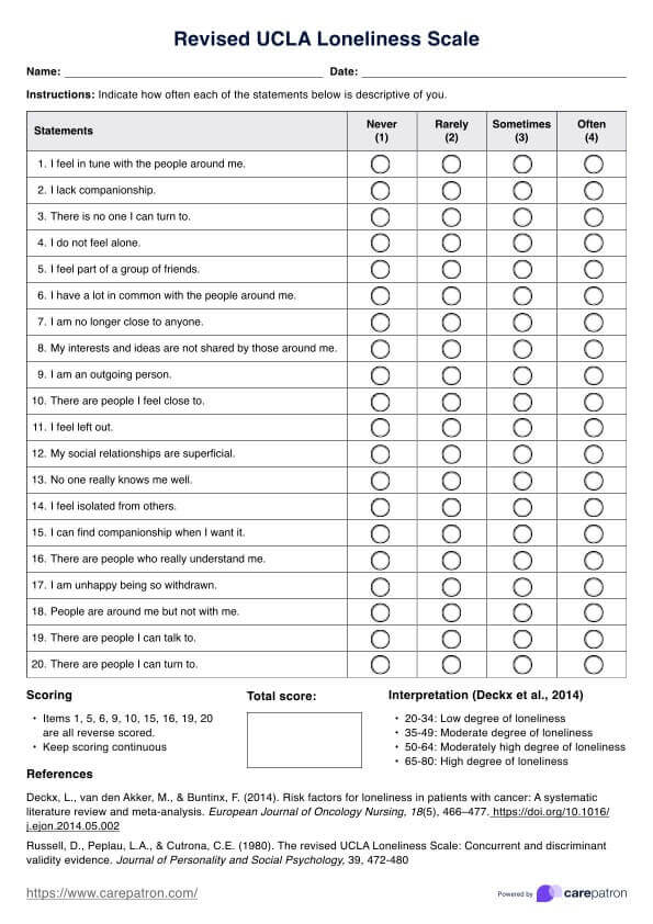 UCLA Loneliness Scale PDF Example