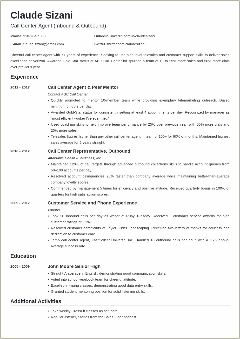 Call Center Job Experience Resume - Resume Example Gallery