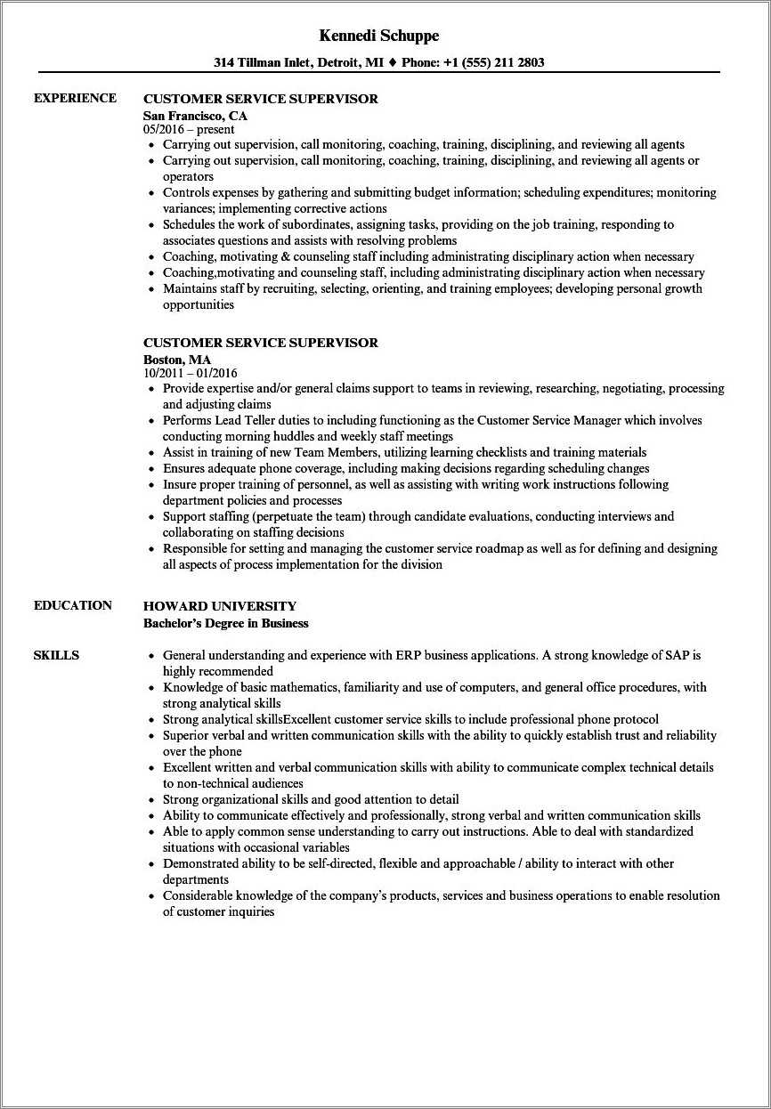 Call Center Supervisor Resume Job Description - Resume Example Gallery