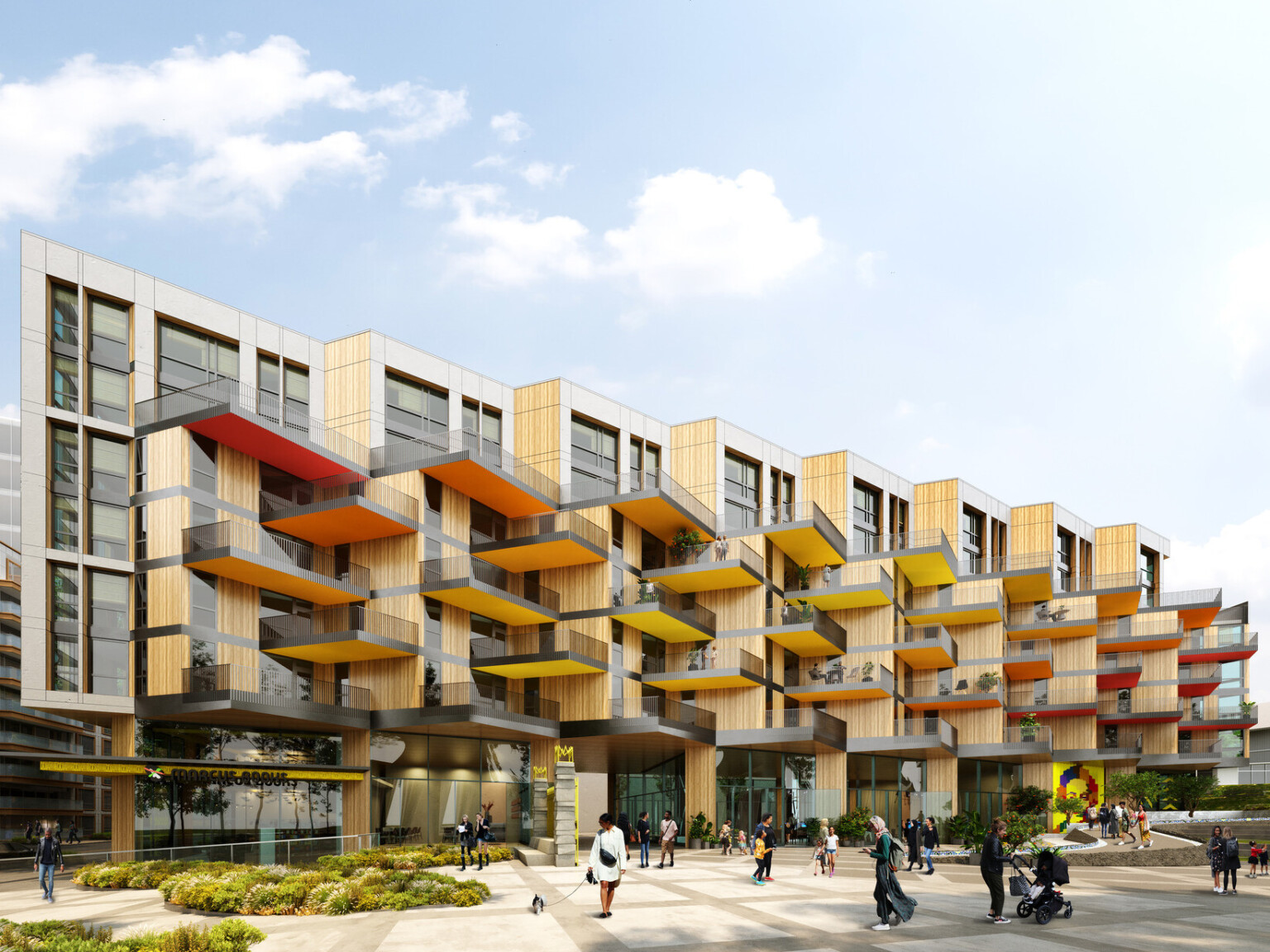 Rendering of a modern multistory building with red, orange, and yellow overhanging patio floors