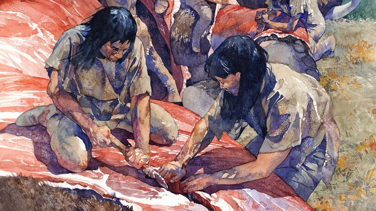 Paleo-Indian women butchering Mastodon.