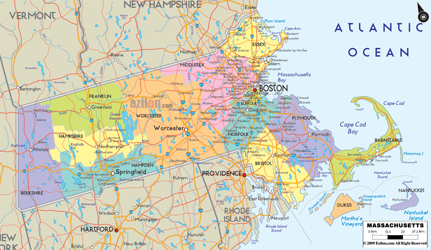 Detailed large map of Massachusetts State, USA showing cities, towns, counties, roads, US highways and State routes.