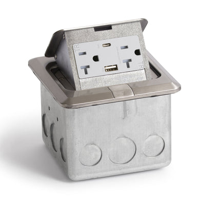 Lew PUFP-SQ-SS-20A-2USB Pop Up Floor Box w/ Power & USB A/C Charging, Stainless