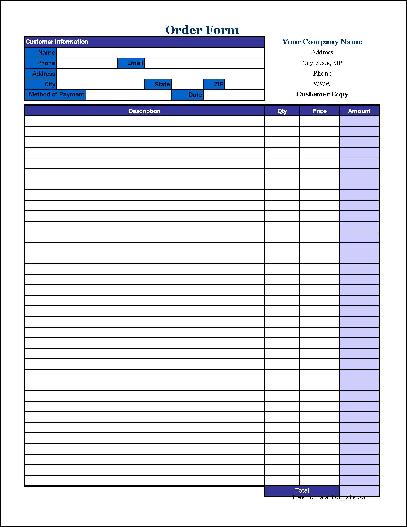 Free Simple Order Form with Duplicate (Tall) from Formville