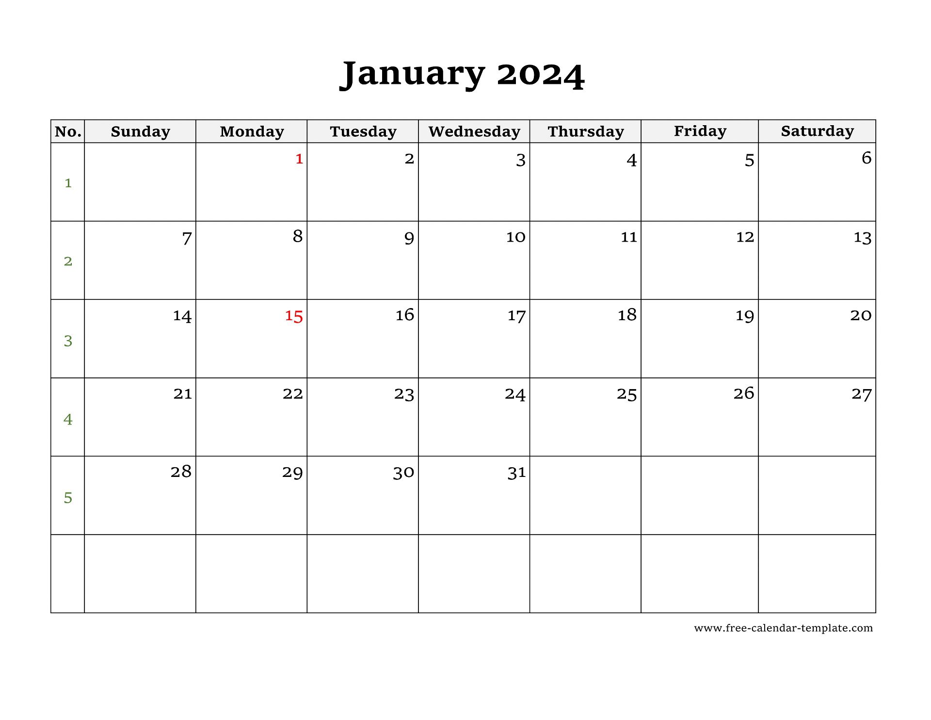 Simple Monthly Calendar 2024 large box on each day for notes. | Free ...