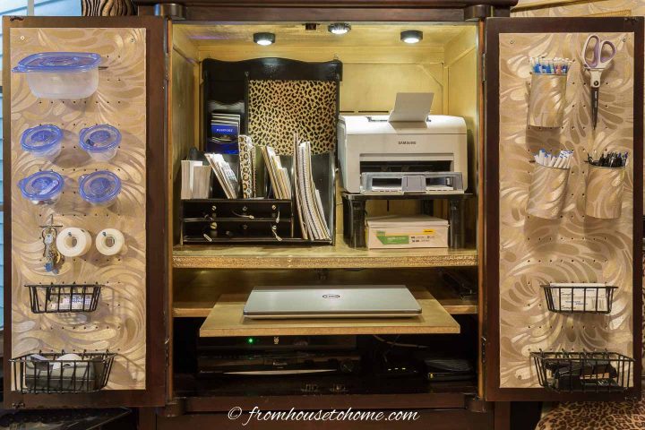 Armoire that has been converted into a small home office